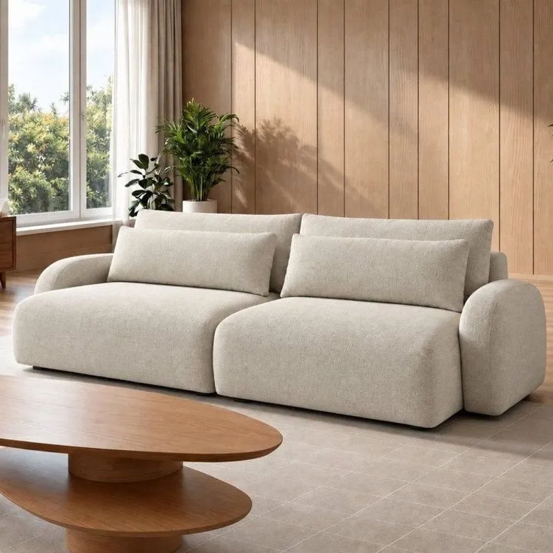 Sofá Cama Modular Orgânico Retrátil 4 Lugares 230cm Base Madeira Maciça Oxford Off White