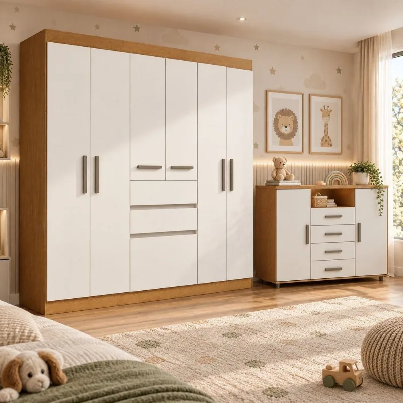 Quarto Infantil Completo com Guarda-Roupa e Cômoda com Corrediça Telescópica Cinamomo/Off White Cinamomo/Off White