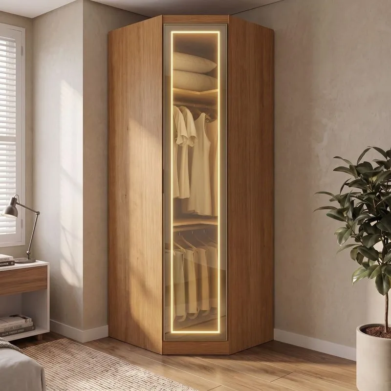 Guarda Roupa Modulado De Canto Oblíquo Reflecta Com Led 100% Mdf Cairo Cinamomo