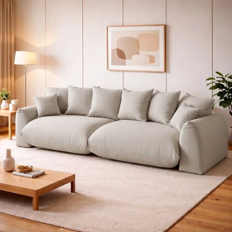 Sofá Cama Modular Orgânico Retrátil 4 Lugares Base Madeira Maciça 290cm Marrocos Off White