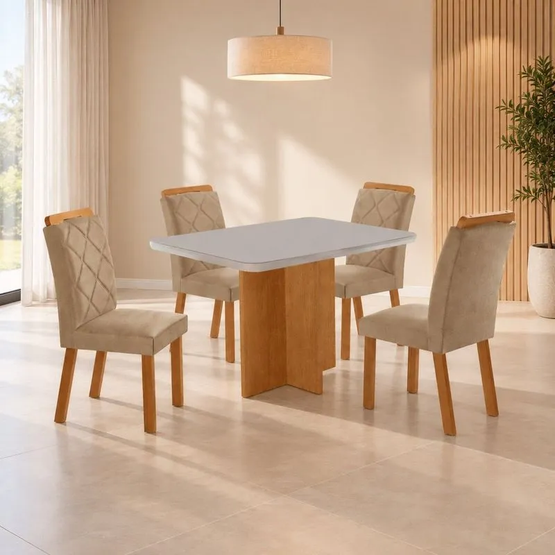 Conjunto Sala De Jantar Mesa Moscou TP Vidro Canto Copo Com 4 Cadeiras Irlanda Turim 07 Off White Naturale Serig Off White