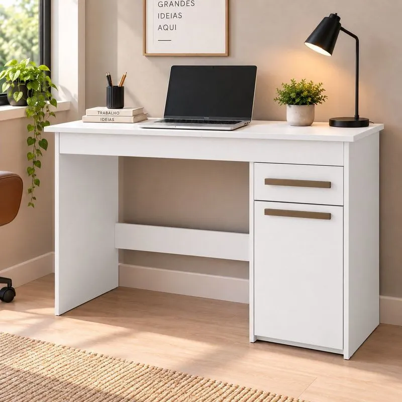 Escrivaninha 1 Porta 1 Gaveta 100% MDF Com Tampo Amplo Atenas Espresso Móveis Branco
