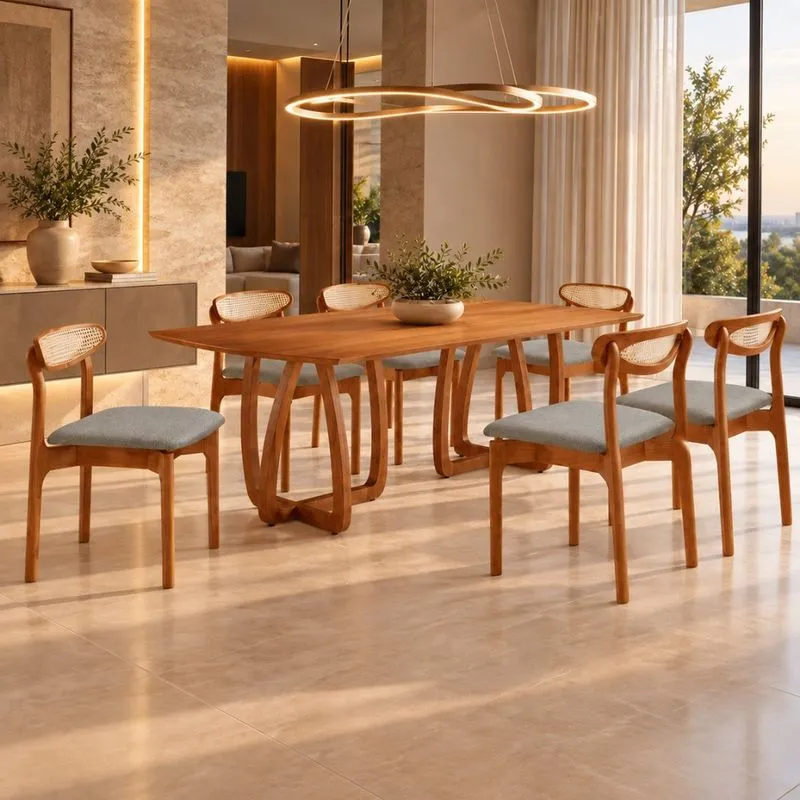 Conjunto De Mesa De Jantar Ello Tampo 180cm Barril Laminado Com 6 Cadeiras Mônaco Premium Quartzo/imbuia Natural/cinam Imbuia