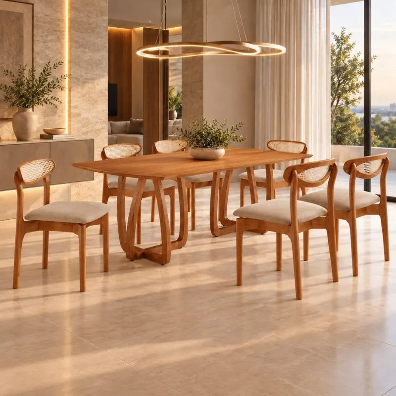Conjunto De Mesa De Jantar Ello Tampo 180cm Barril Laminado Com 6 Cadeiras Mônaco Premium Linho Off/imbuia Natural/cinam Imbuia