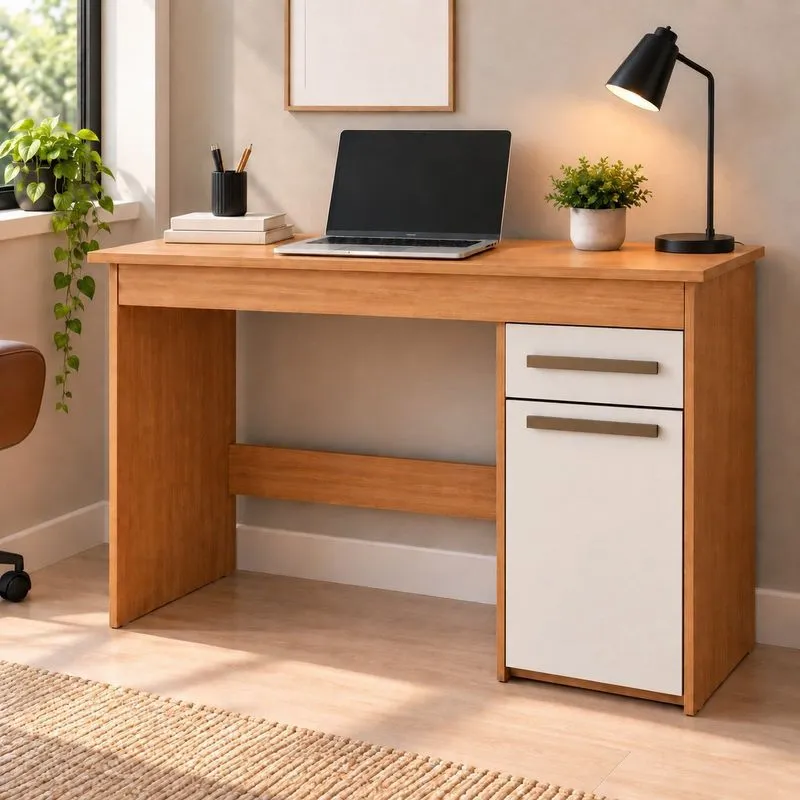 Escrivaninha 1 Porta 1 Gaveta 100% MDF Com Tampo Amplo Atenas Espresso Móveis Cinamomo/Off White