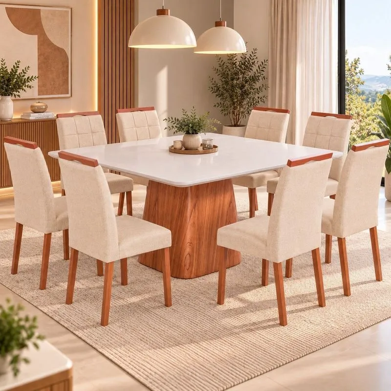 Conjunto Sala De Jantar Mesa Bergamo Com 8 Cadeiras Madeira Maciça Sophia Espresso Móveis Champagne/Off White