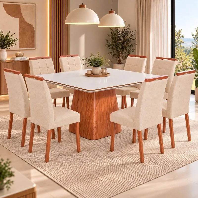 Conjunto Sala De Jantar Bérgamo Tampo Com Detalhe Amadeirado E 8 Cadeiras Madeira Maciça Sophia Champagnhe/off White