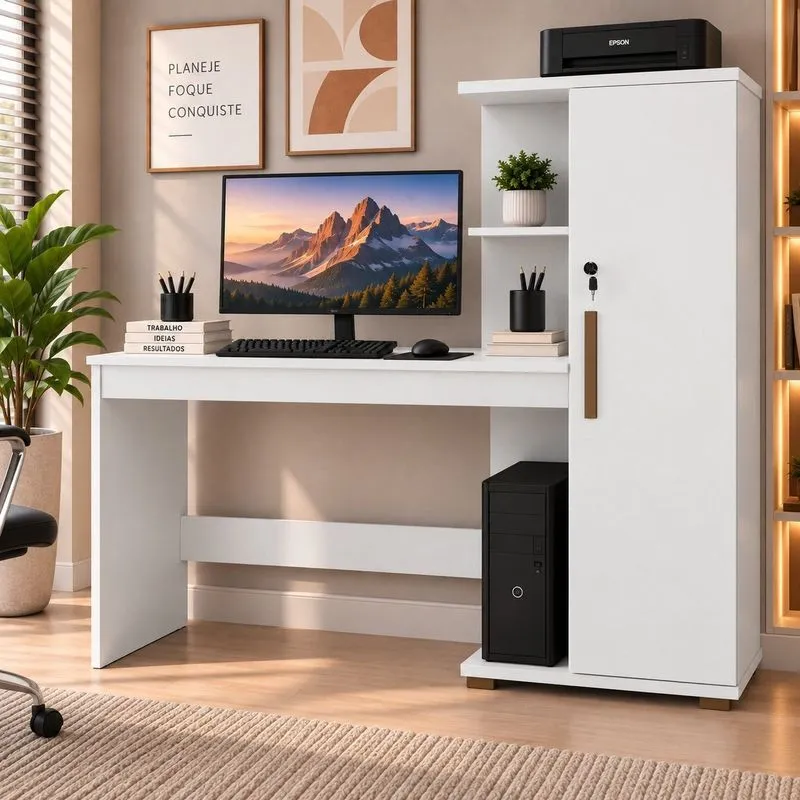 Escrivaninha Com Porta Com Chave 2 Prateleiras E Espaço Para CPU Savana Espresso Móveis Branco