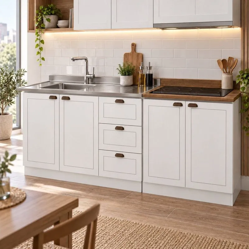 Cozinha Compacta Modulada 2 Balcões Com Tampo Para Cooktop Modelo Americano Branco Com Tampo Ébano Amadeirado