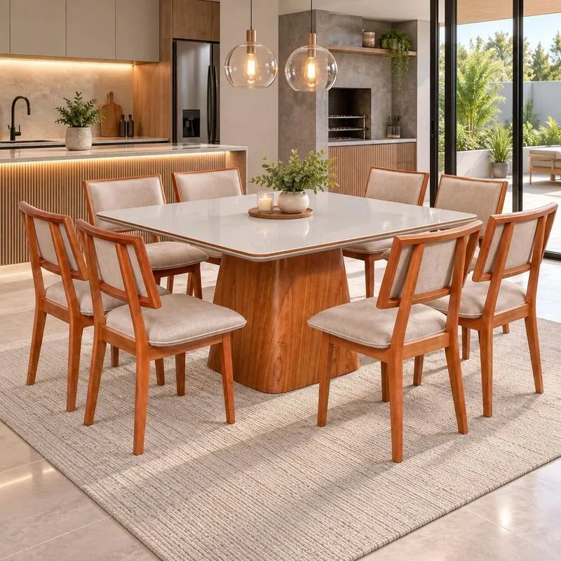 Conjunto Sala De Jantar Bérgamo Tampo Com Detalhe Amadeirado E 8 Cadeiras Madeira Maciça Bréscia Champagnhe/Off White