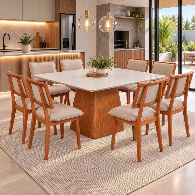Conjunto Sala De Jantar Bérgamo Tampo Off White E 8 Cadeiras Madeira Maciça E Estofada Bréscia Champagnhe/Off White