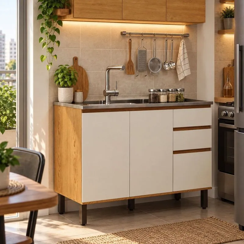 Balcão De Cozinha 3 Portas 2 Gavetas Sem Tampo Com Corrediça Telescópica Cinamomo/Off White