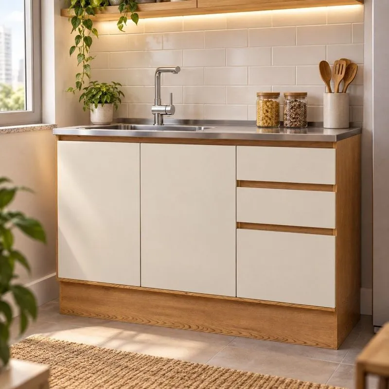 Balcão De Cozinha 3 Portas 2 Gavetas Sem Tampo Com Corrediça Telescópica E Rodapés Decorativo Cinamomo/Off White