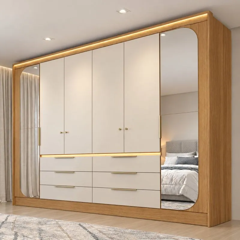 Guarda Roupa Casal 6 Portas 6 Gavetas Com Espelhos E Led Lumiere Cinamomo/Off White
