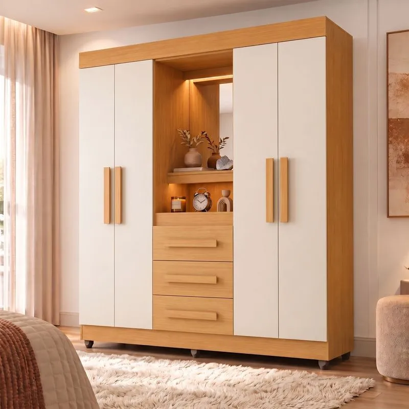 Guarda-roupa Casal 4 Portas Com Espelho E Led Nicho 3 Gavetas Rio De Janeiro Cinamomo Off White Cinamomo/off White