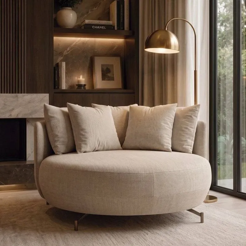 Poltrona Redonda Decorativa 2 Lugares Com Almofadas 150cm Soho Pérola