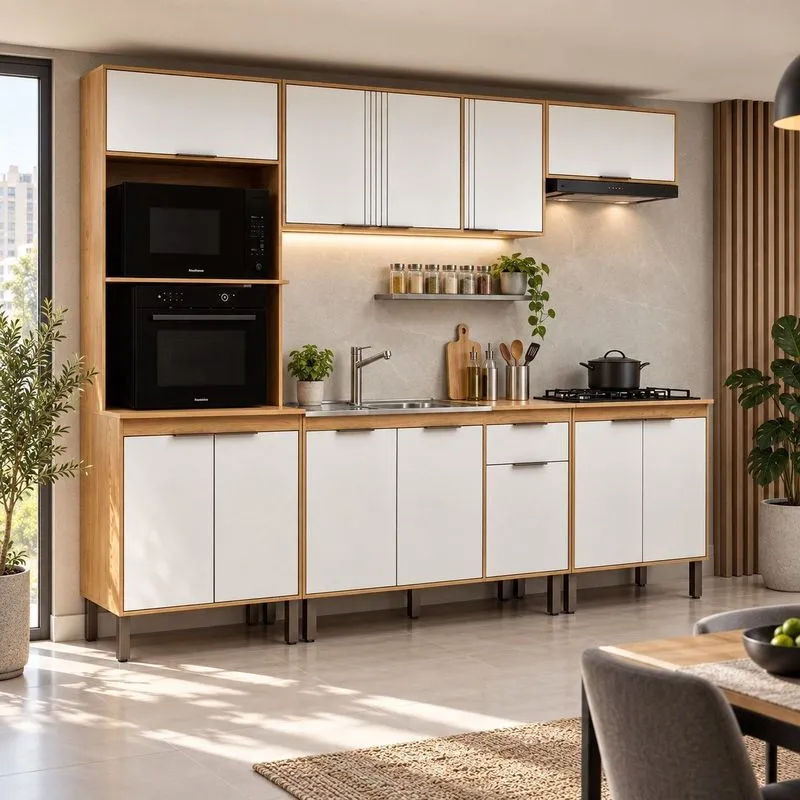 Cozinha Completa Modulada 5 Peças Com Torre Quente Para 2 Fornos E Espaço Para Cooktop Madalena Cinamomo/off White
