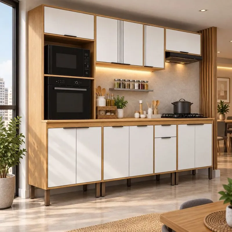 Cozinha Completa Modulada 5 Peças Com Torre Quente Para 2 Fornos E Espaço Para Cooktop Madalena Cinamomo/off White