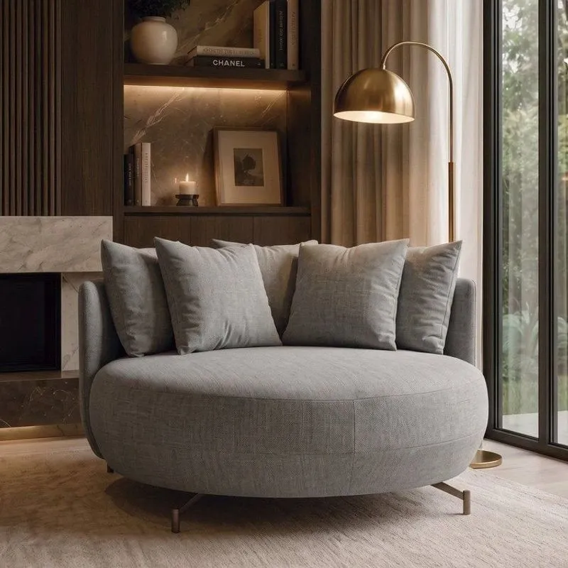 Poltrona Redonda Decorativa 2 Lugares Com Almofadas 150cm Soho Cinza