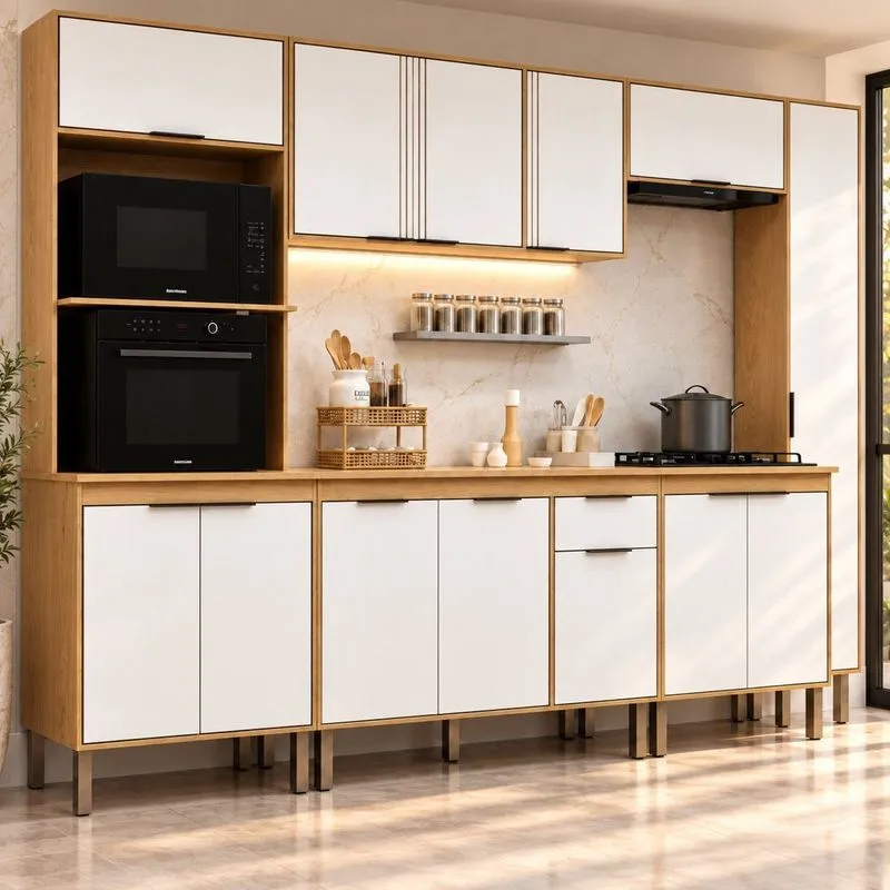 Cozinha Completa Modulada 6 Peças Tampo Torre Quente Para 2 Fornos E Espaço Para Cooktop Madalena Cinamomo/off White