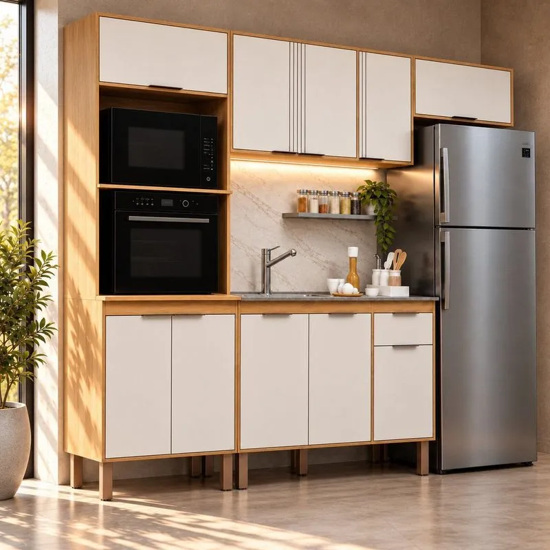 Cozinha Completa Modulada 4 Peças Com Torre Quente Para 2 Fornos E Espaço Para Cooktop Madalena Cinamomo/Off White