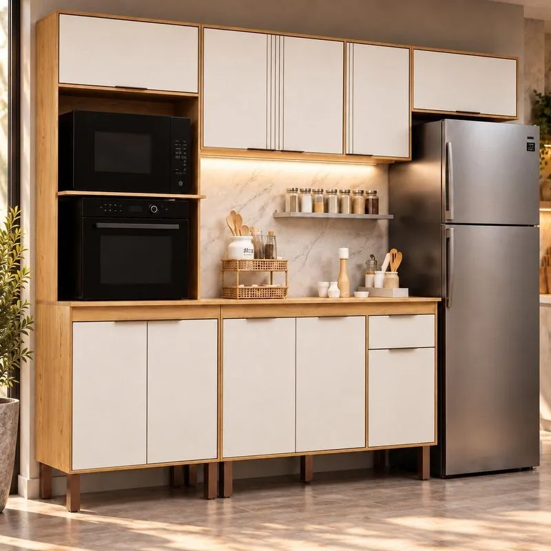 Cozinha Completa Modulada 4 Peças Com Tampo Torre Quente Para 2 Fornos Espaço Para Cooktop Madalen Cinamomo/Off White
