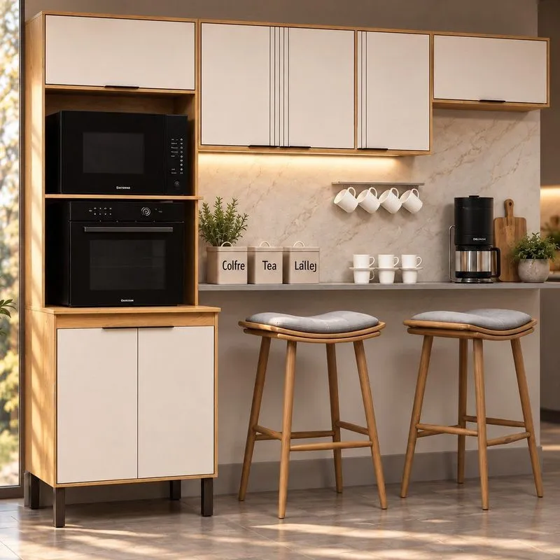 Cozinha Compacta Modulada 3 Peças Com Torre Quente Para 2 Fornos E Espaço Para Cooktop Madalena Cinamomo/off White