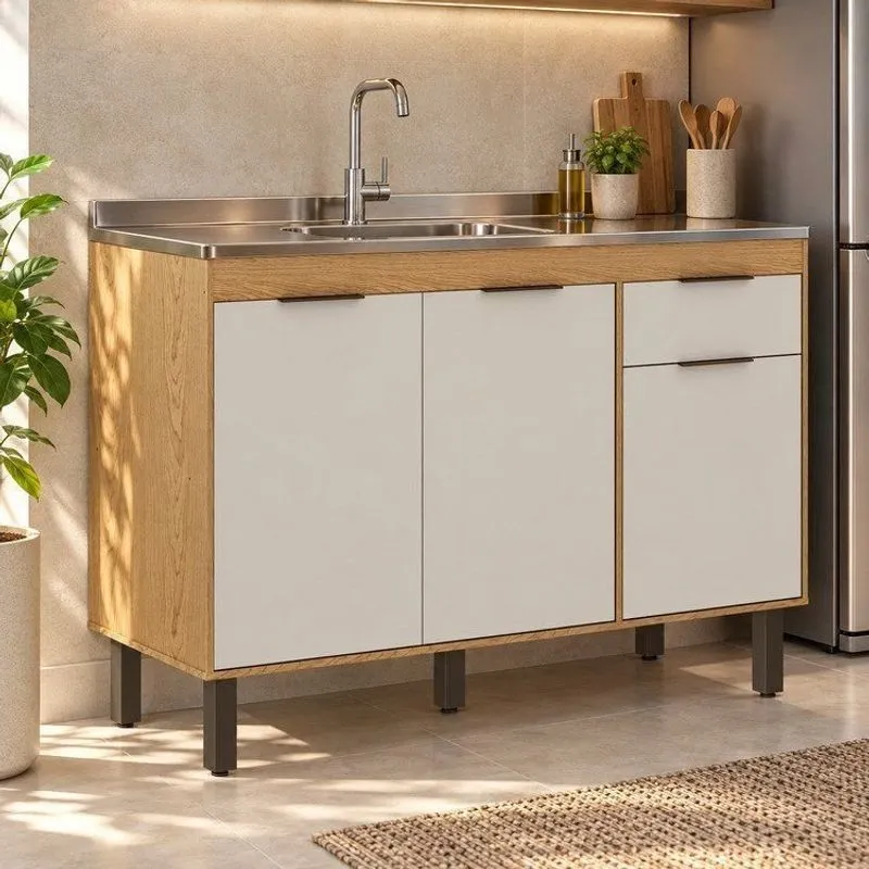 Balcão De Cozinha 3 Portas 1 Gaveta Sem Tampo Com Corrediça Telescópica Madalena Cinamomo/Off White