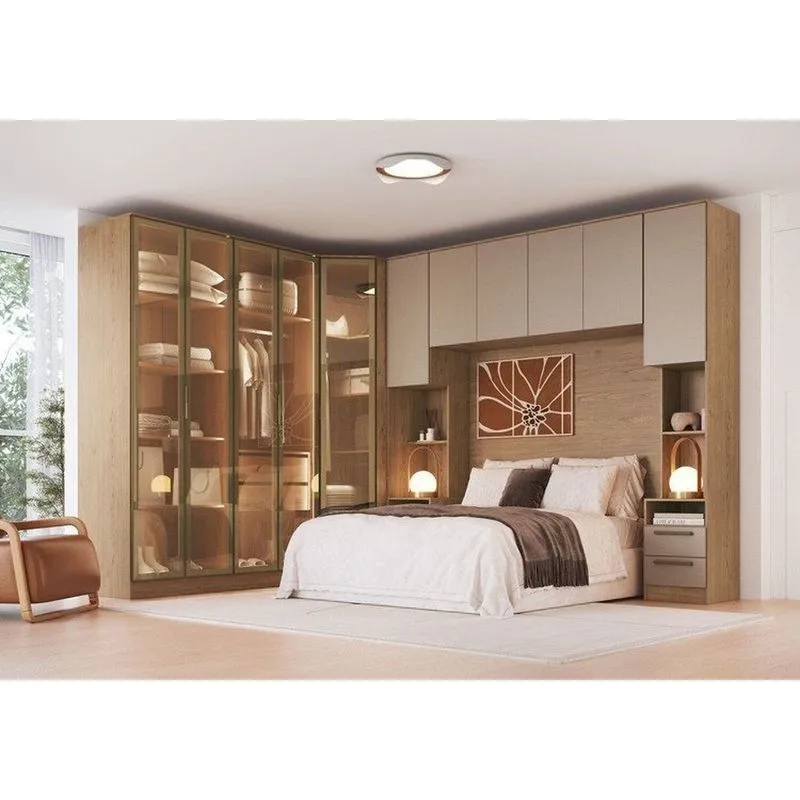 Guarda-roupa Conjunto Modulado Completo Casal 7 Peças Vidro Reflecta Led 100% Mdf Macadâmia/duna