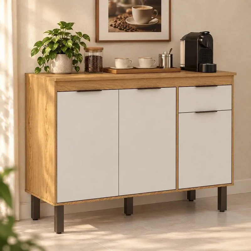 Balcão De Cozinha 3 Portas 1 Gaveta Com Tampo Com Corrediça Telescópica Madalena Cinamomo/Off White