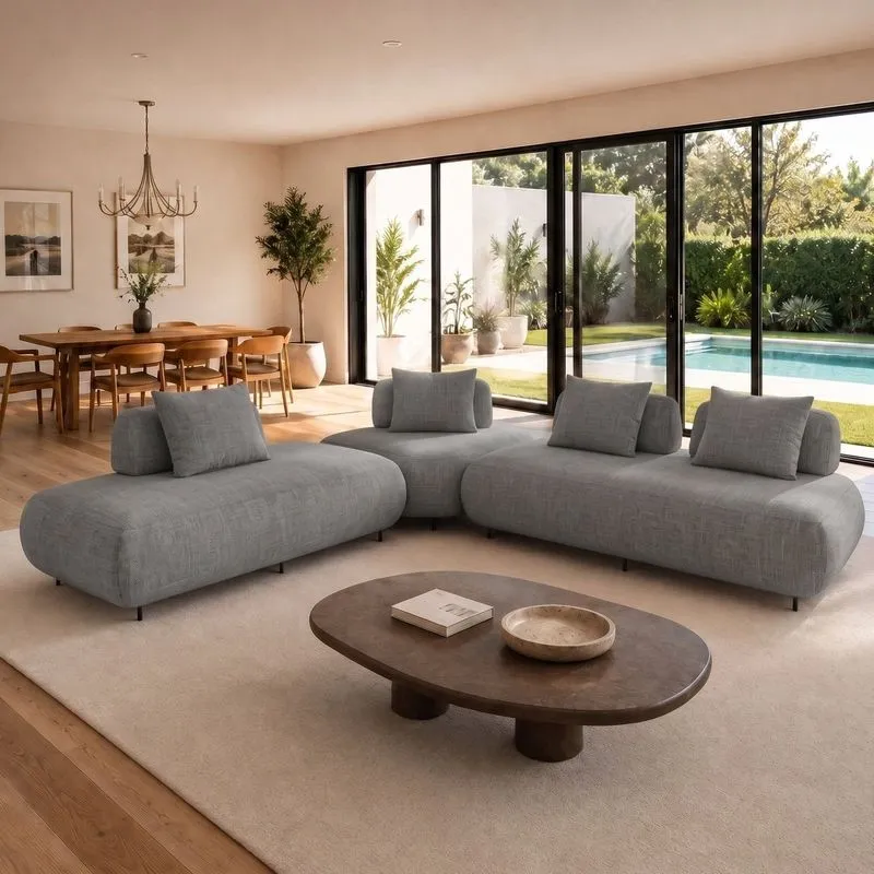 Sofá De Canto Modulado Orgânico Com Almofadas E Base Madeira Maciça 280cmx340cm Madri Cinza