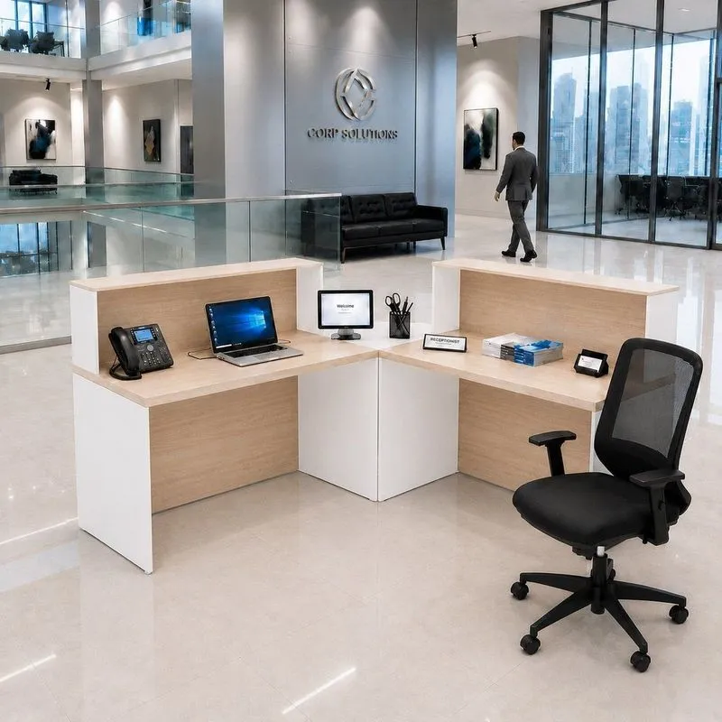 Balcão De Atendimento Em L 140x60cm Para Loja E Recepção + Cadeira De Escritório Ergonômica Pre Dubai/Branco