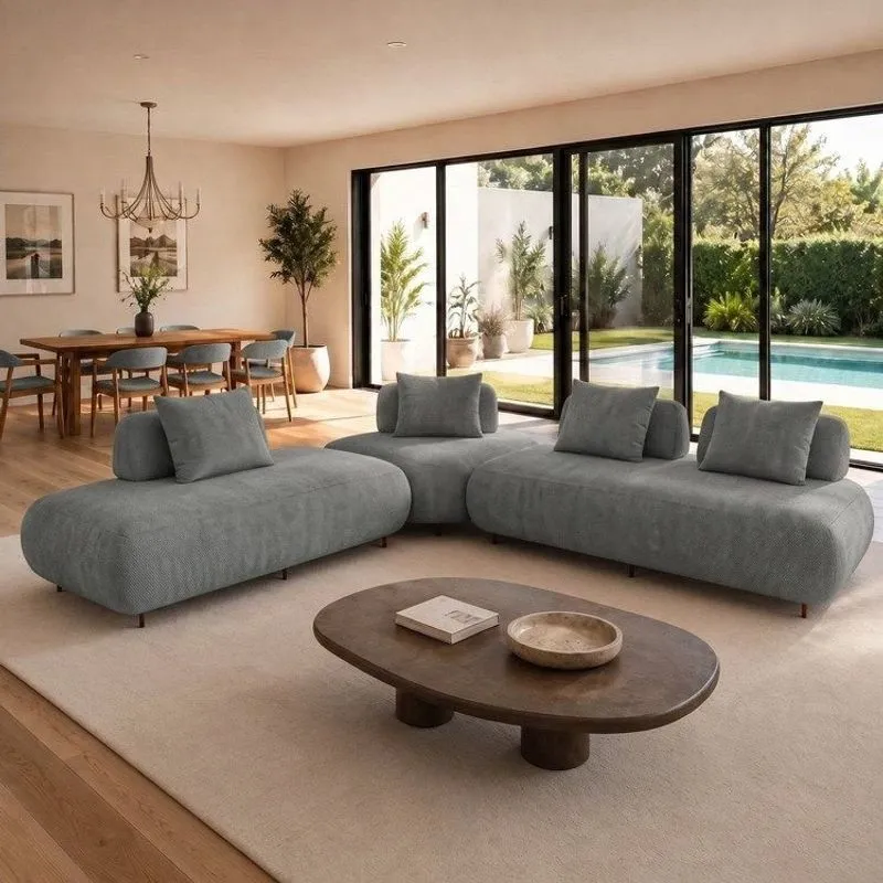 Sofá De Canto Modulado Orgânico Com Almofadas E Base Madeira Maciça 280cmx340cm Madri Verde Pistache