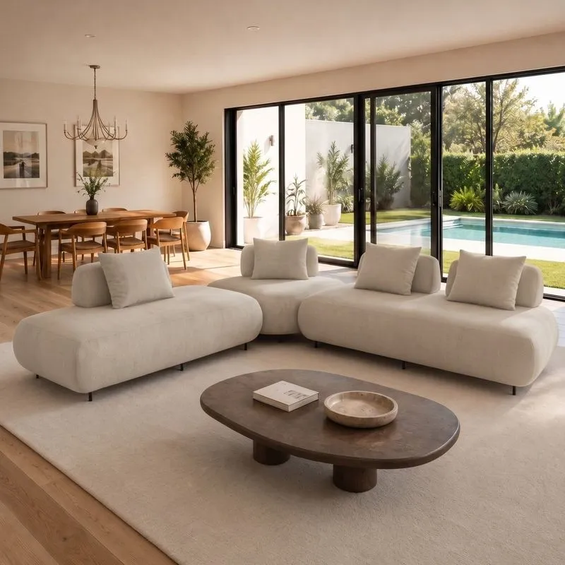 Sofá De Canto Modulado Orgânico Com Almofadas E Base Madeira Maciça 280cmx340cm Madri Off White