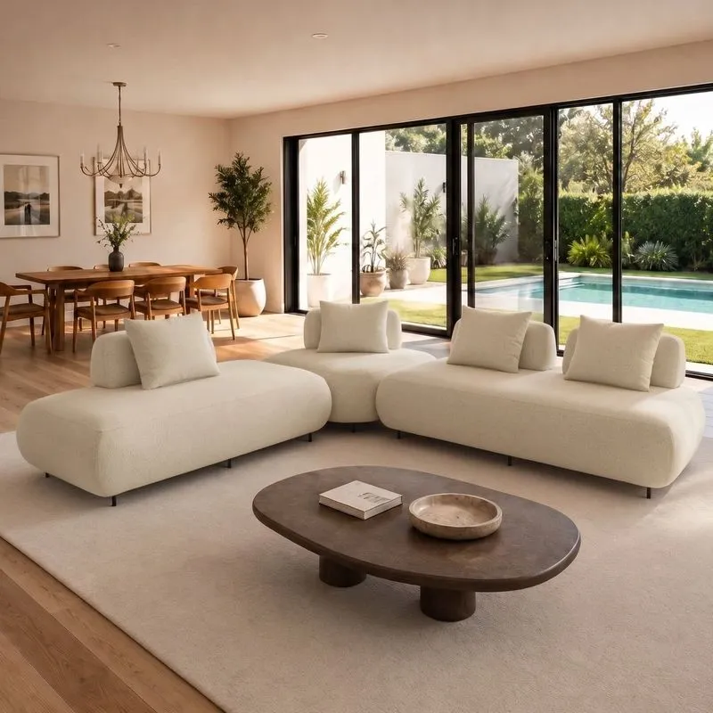 Sofá De Canto Modulado Orgânico Com Almofadas E Base Madeira Maciça 280cmx340cm Madri Off White