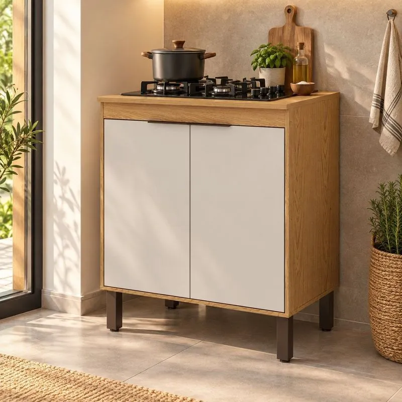 Balcão De Cozinha Com Tampo Para Cooktop 70cm 2 Portas Madalena Cinamomo/Off White