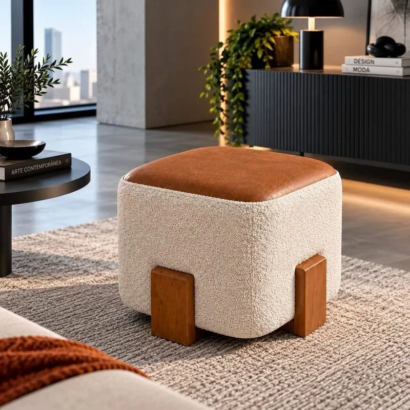 Puff Azaléia Decorativo Estofado Com Design Moderno E Base Em Madeira Bege / Caramelo