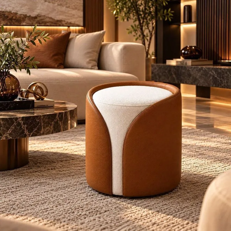 Puff Jasmim Decorativo Estofado Com Design Curvo E Detalhe Bicolor Caramelo / Branco Caramelo / Branco