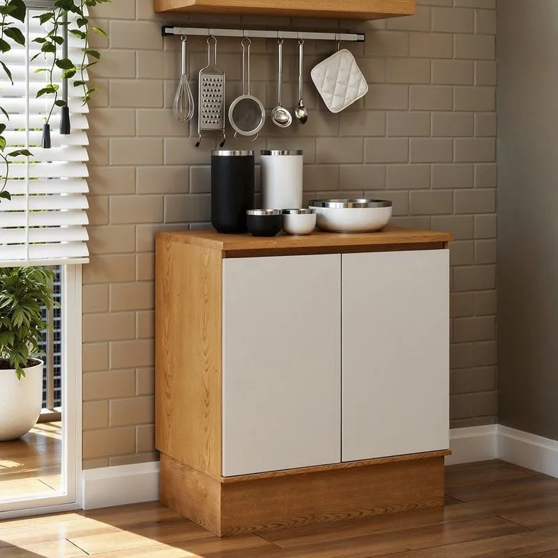 Balcão Multifuncional Para Cozinha 2 Portas Com Tampo Para Cooktop Com Rodapé Decorativo Cinamomo/off White