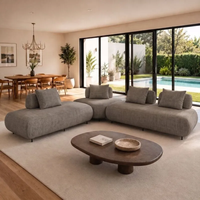 Sofá De Canto Modulado Orgânico Com Almofadas E Base Madeira Maciça 280cmx340cm Madri Marrom Claro