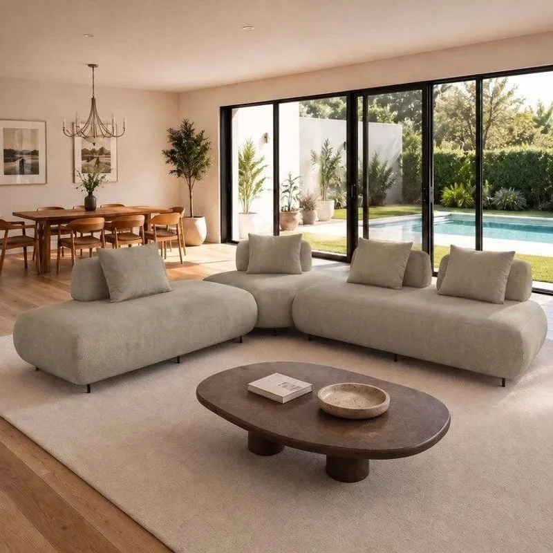 Sofá De Canto Modulado Orgânico Com Almofadas E Base Madeira Maciça 280cmx340cm Madri Cinza