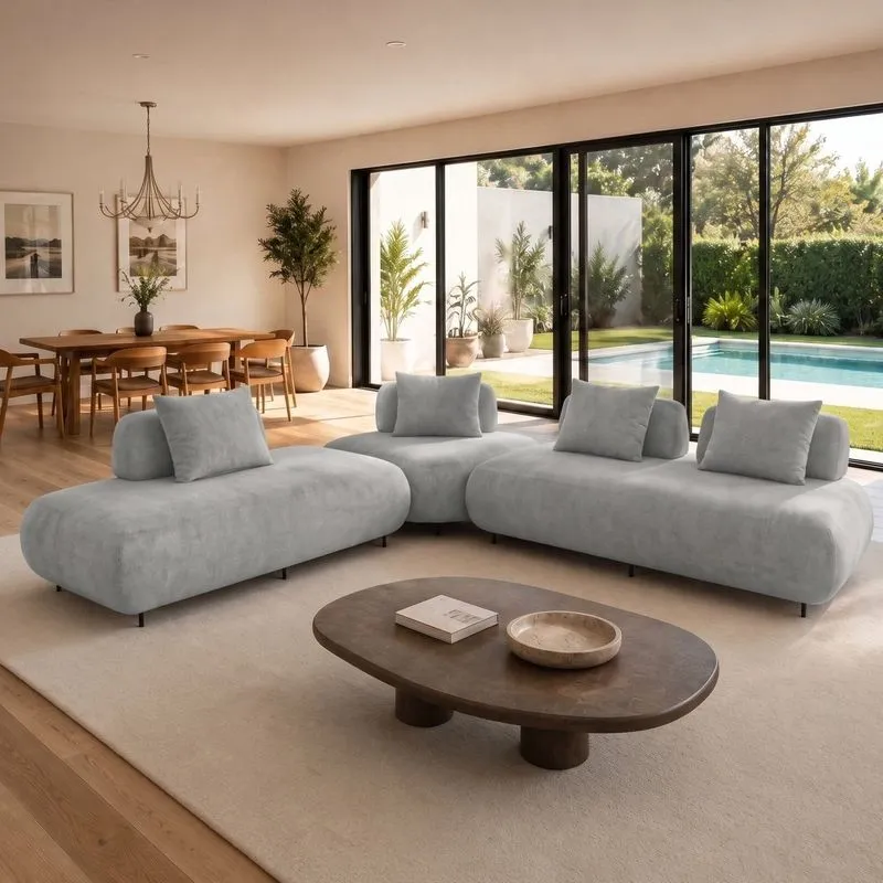 Sofá De Canto Modulado Orgânico Com Almofadas E Base Madeira Maciça 280cmx340cm Madri Cinza Claro
