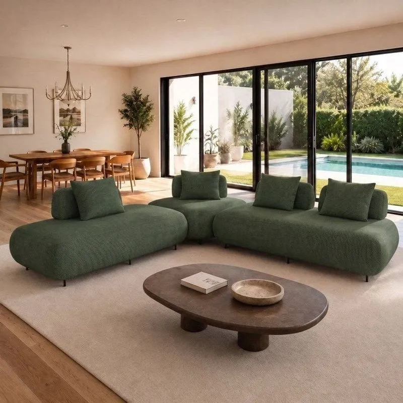 Sofá De Canto Modulado Orgânico Com Almofadas E Base Madeira Maciça 280cmx340cm Madri Verde