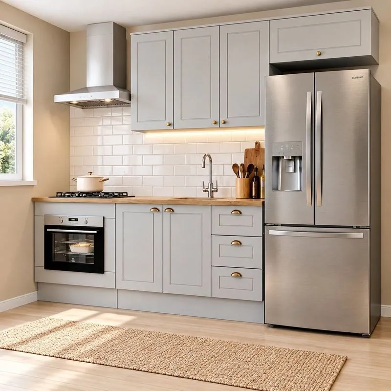 Cozinha Modulada Compacta 4 Peças 100% MDF Com Balcão Para Forno De Embutir Emily Cinza/Nature