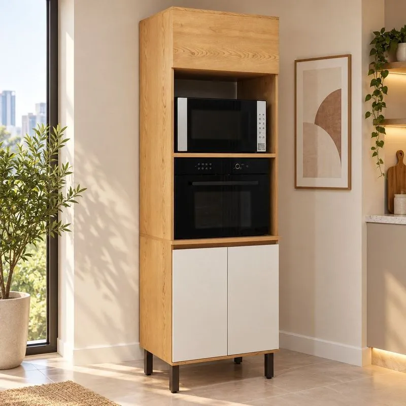 Paneleiro Torre Quente Com Espaço Para Forno E Micro-ondas Cinamomo/Off White
