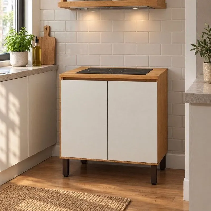 Balcão Multifuncional Para Cozinha 2 Portas Com Tampo Para Cooktop Cinamomo/Off White