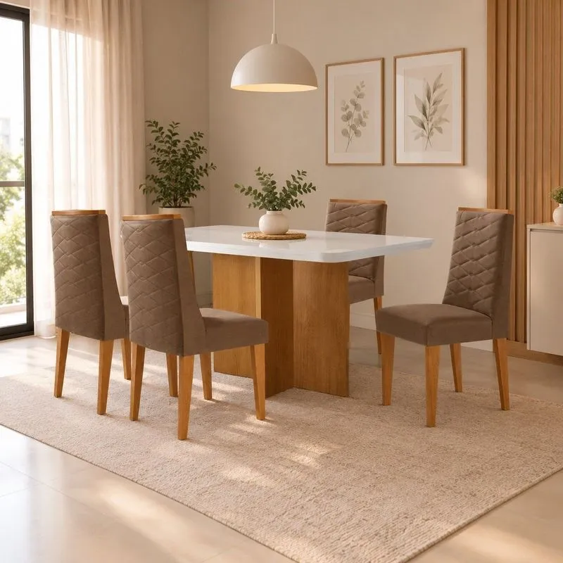 Conjunto Sala De Jantar Mesa Moscou TP Vidro Canto Copo Com 4 Cadeiras Mariana Capuccino/Off White/Naturale/Serig. Off White