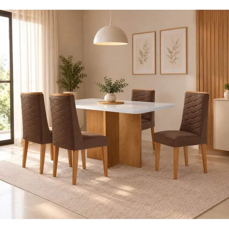 Conjunto Sala De Jantar Mesa Moscou Tp Vidro Canto Copo Com 4 Cadeiras Mariana Marrom/Off White/Naturale/Serig. Off White
