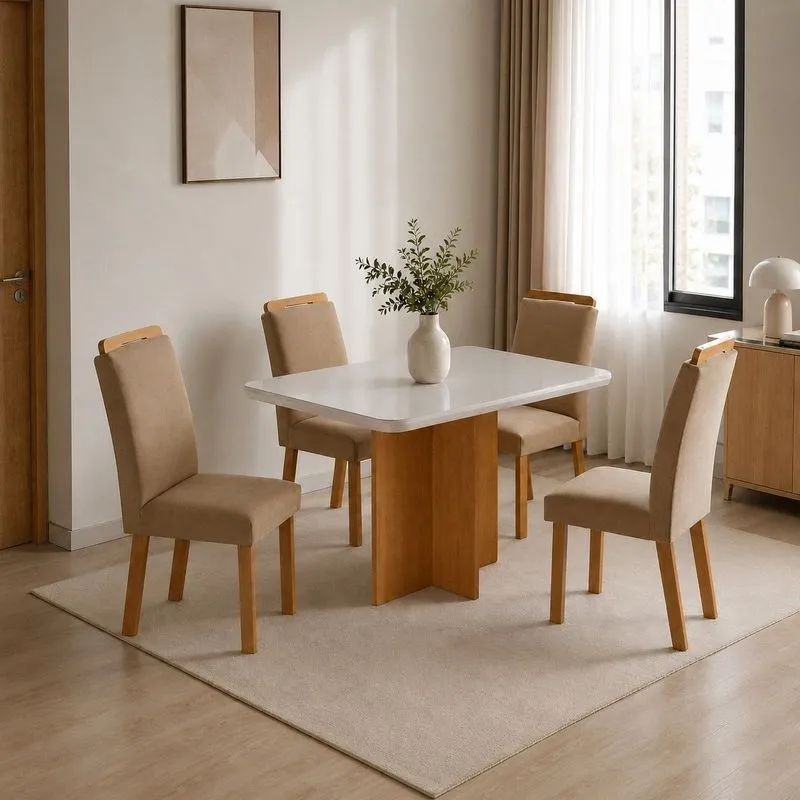 Conjunto Sala De Jantar Mesa Moscou TP Vidro Canto Copo Com 4 Cadeiras Mariana Turim 07/ Off White/ Naturale/ Serig. Off White