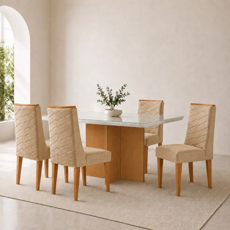 Conjunto Sala De Jantar Mesa Moscou TP Vidro Canto Copo Com 4 Cadeiras Mariana Turim 07/ Off White/ Naturale/ Serig. Off White